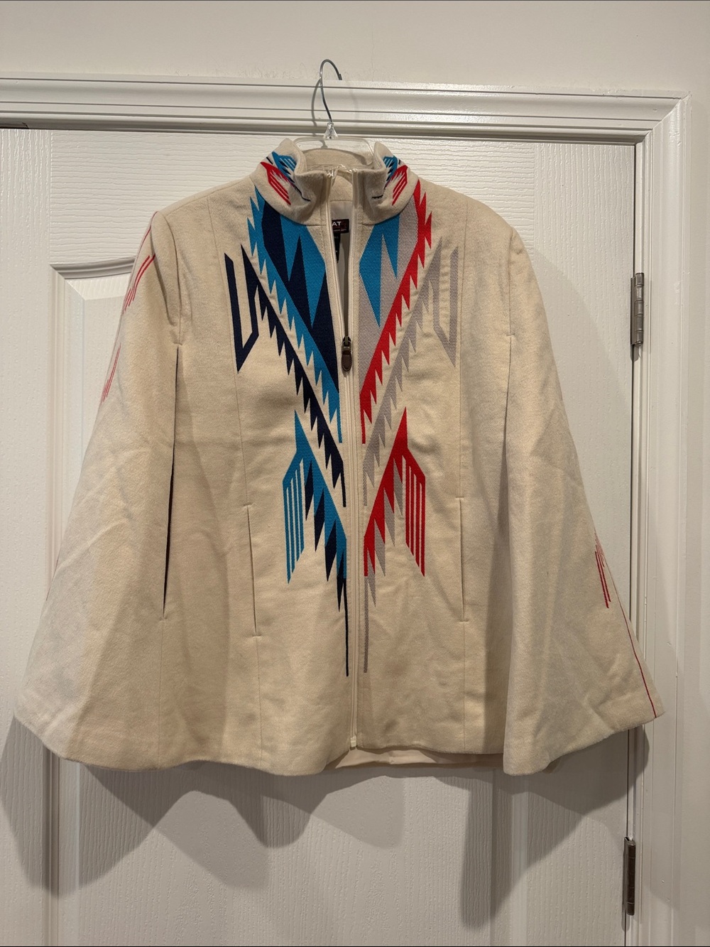 Ariat Cream Zip-Front Pea Coat with Red & Blue Geometric Accents
